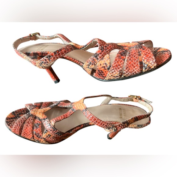 Stuart Weitzman Orange Snakeskin Strappy Kitten Heel Sandals Size 7 Open Toe - Picture 4 of 6